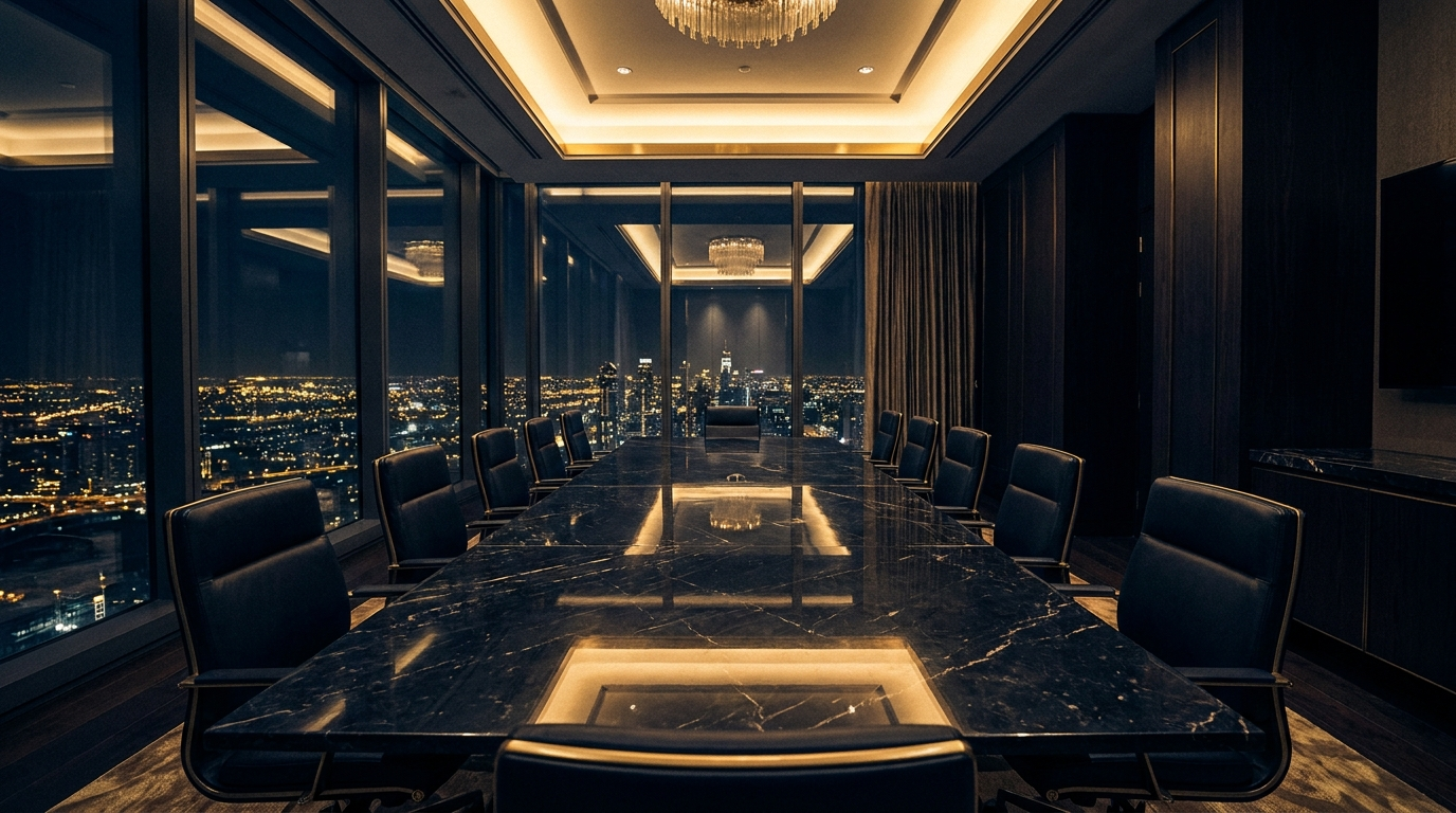 Executive boardroom over city lights
