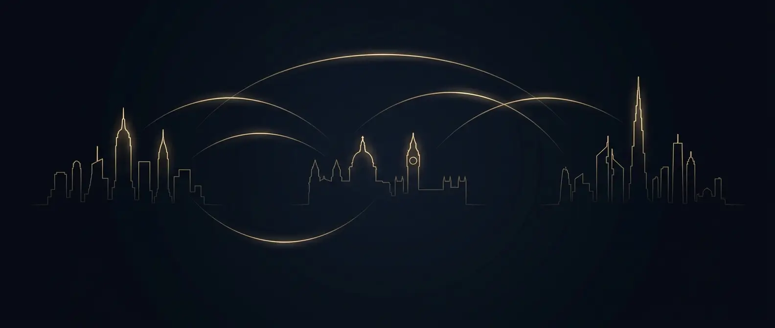 New York, London and Dubai skylines in champagne gold on deep navy — cross-border tax by Next Tax Source