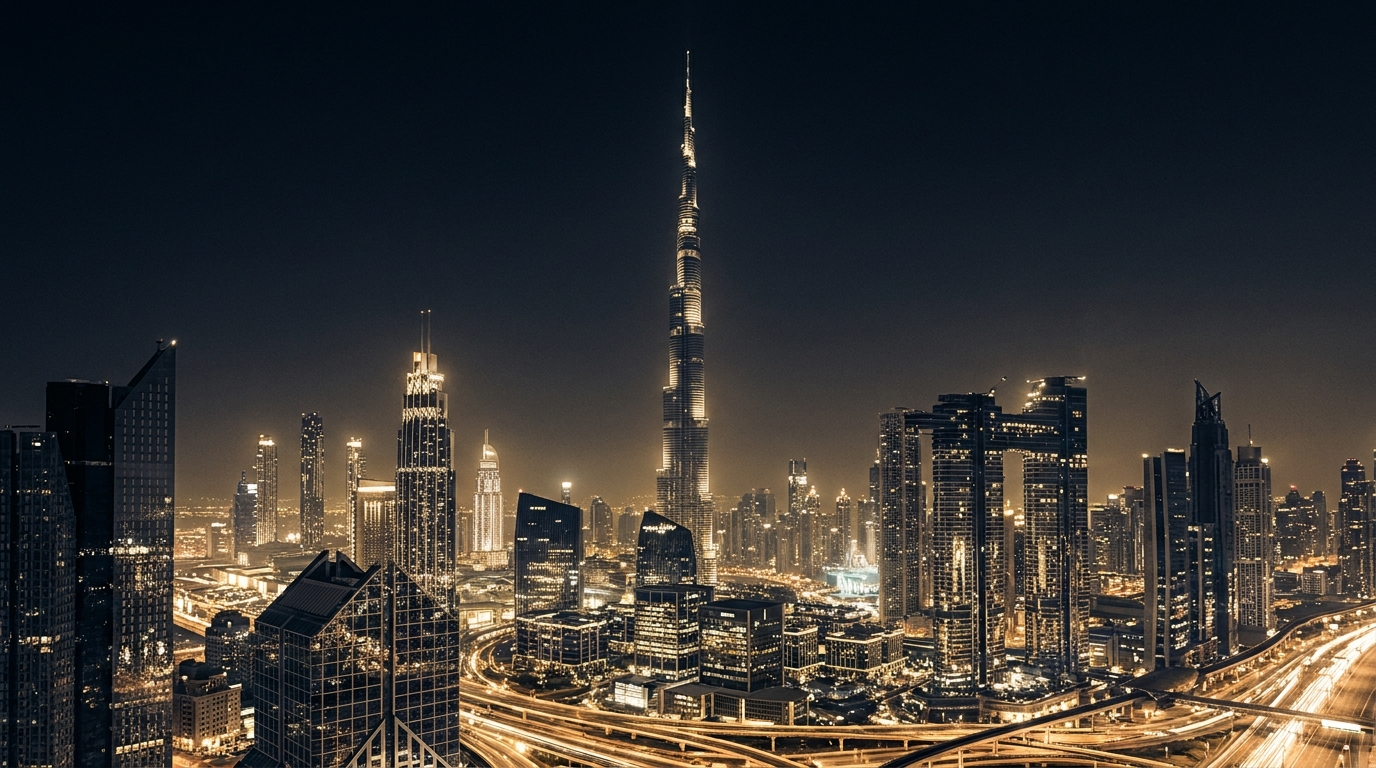 Dubai at night in gold and navy