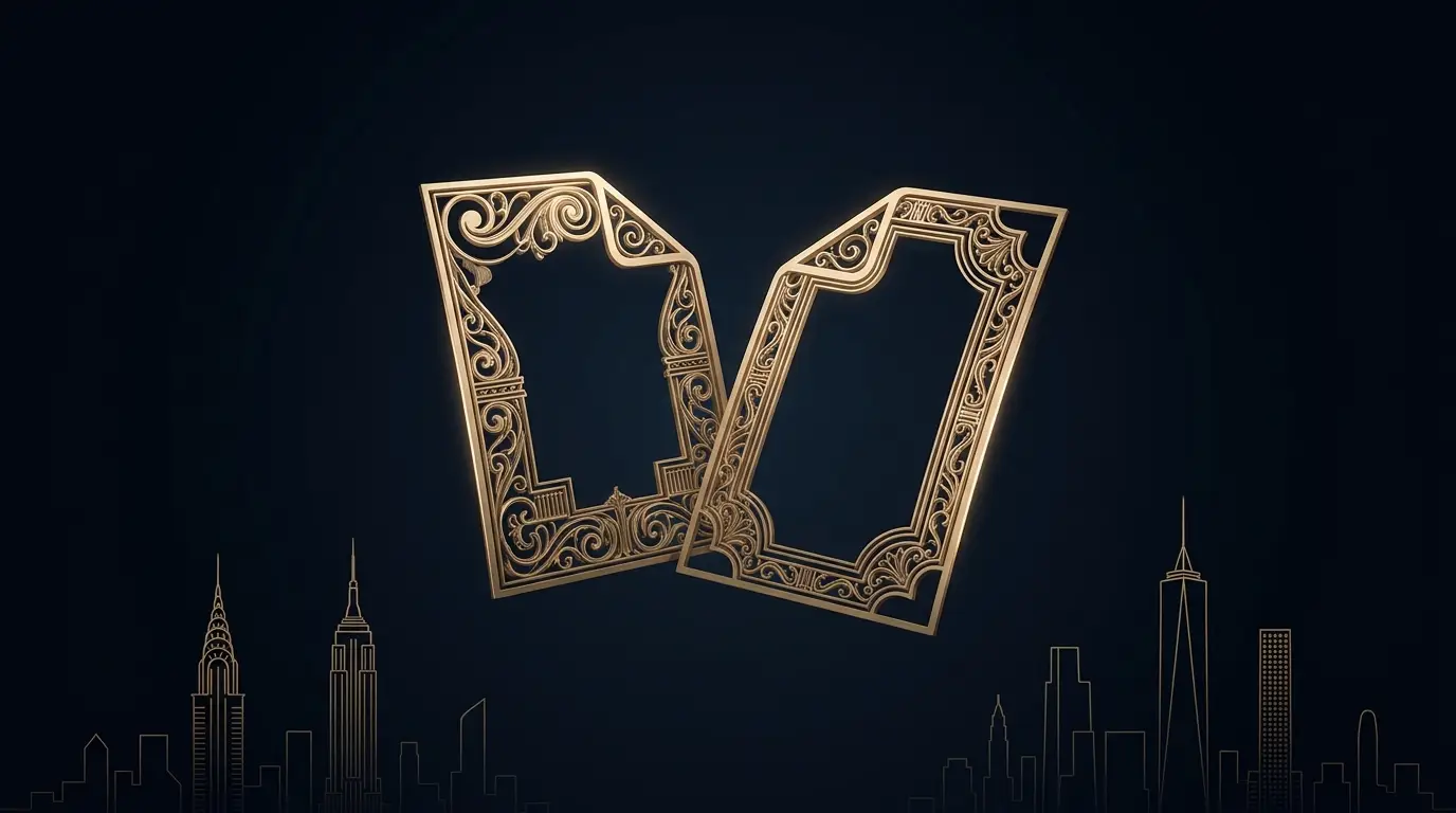 Gold diverging-documents motif over navy with a New York skyline — US 1099 vs W-2 worker classification