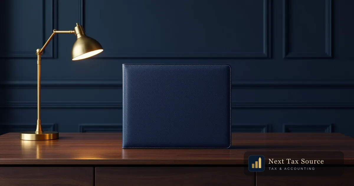 A closed navy folder alone on a large empty walnut desk under a brass lamp, for Americans abroad who cannot pay an IRS tax bill in full