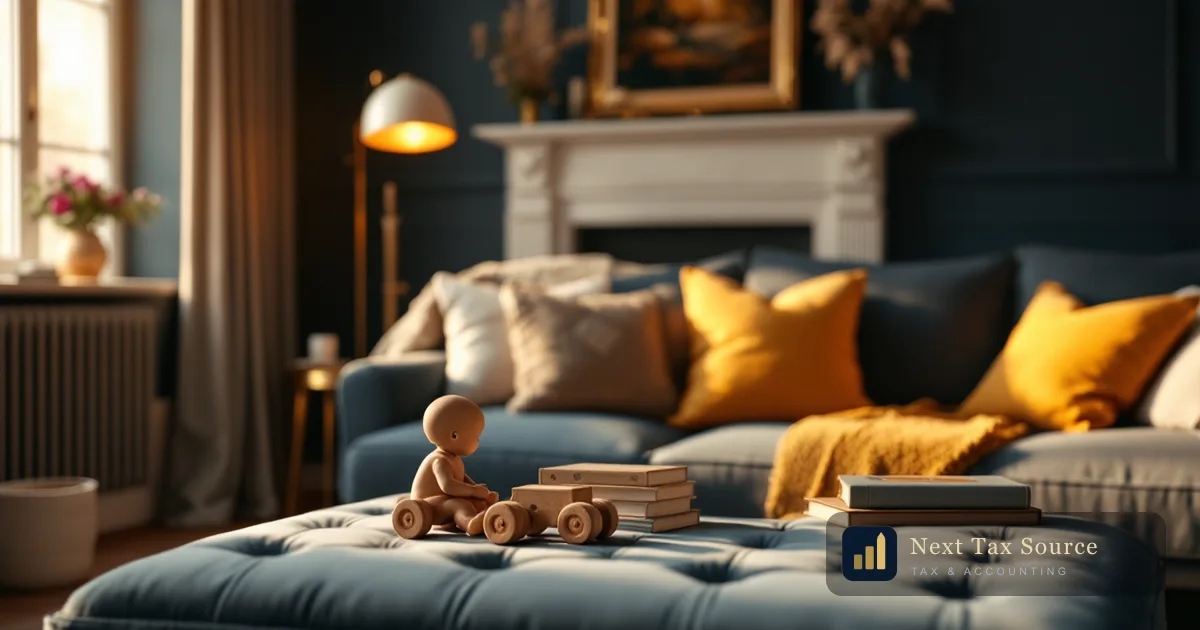 A warm English family living room with wooden toys and picture books on a navy ottoman, for Americans in the UK claiming the US Child Tax Credit