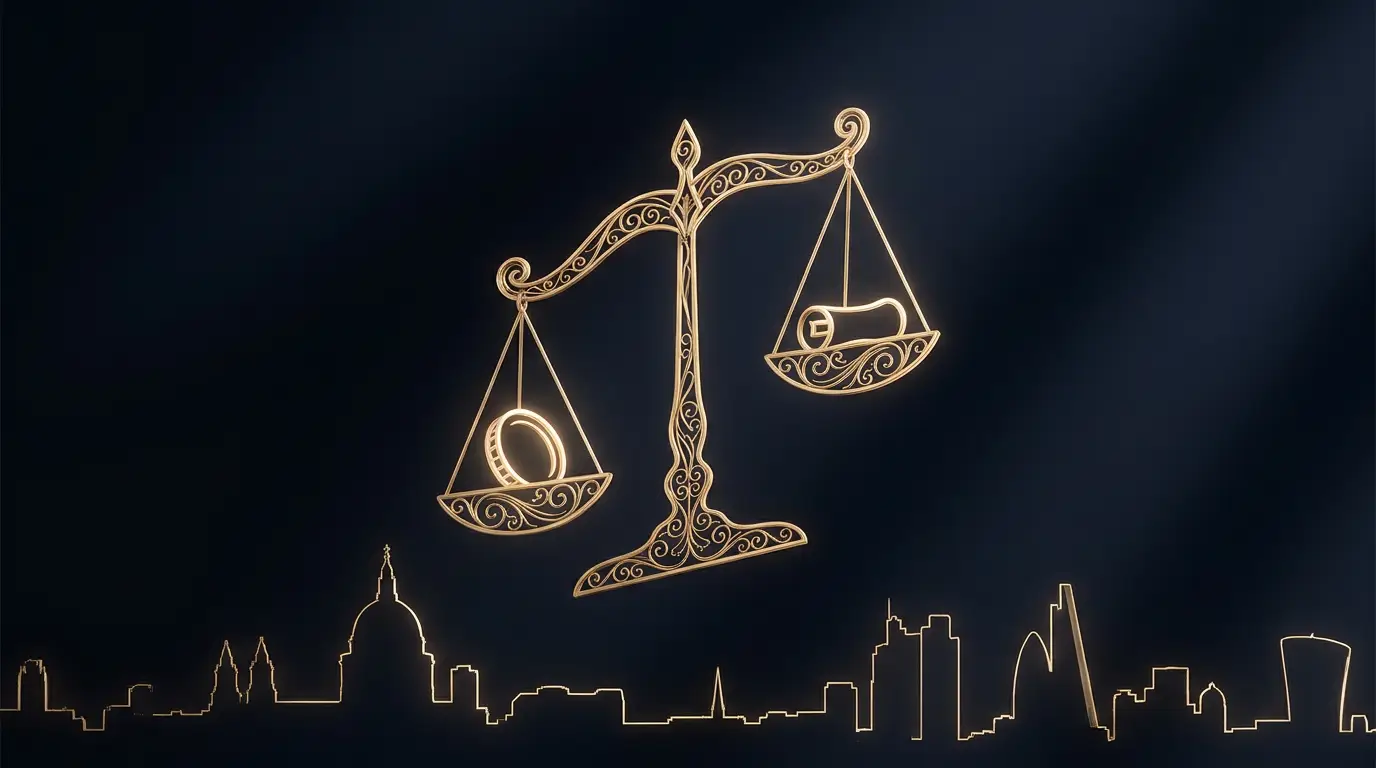 Gold balance-scale motif over deep navy with a London skyline — UK dividends versus salary