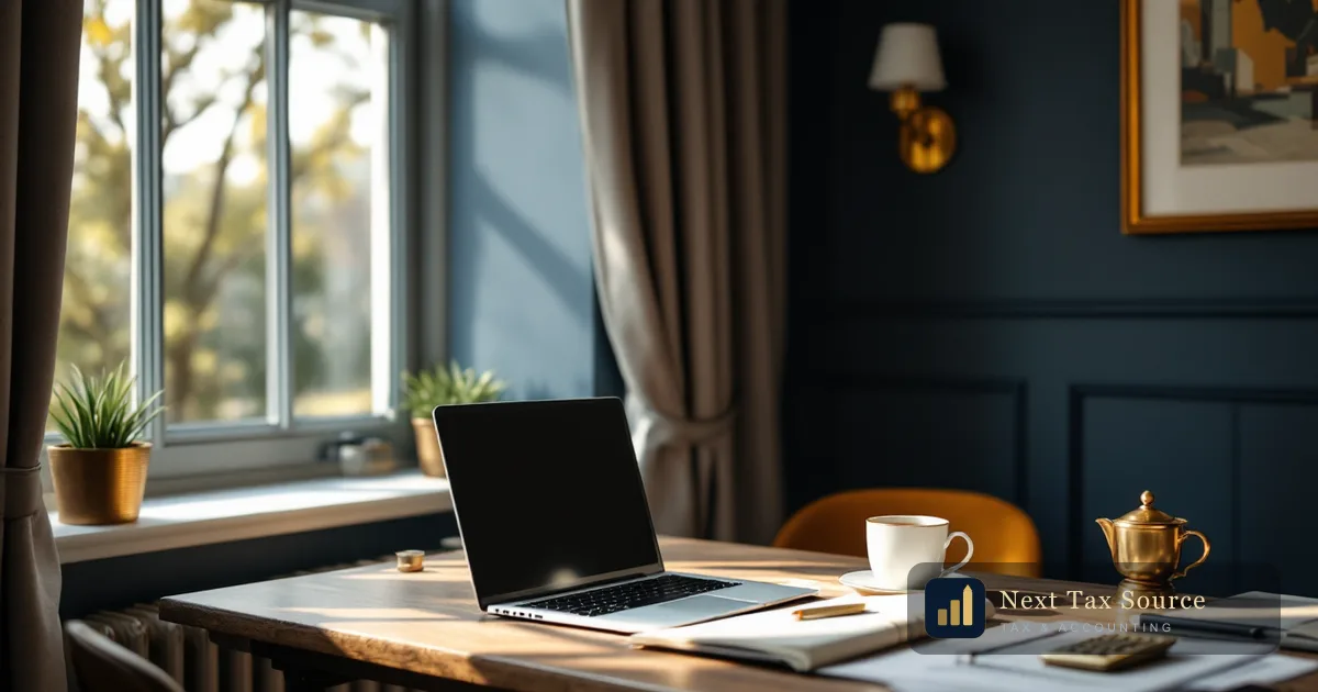 A home-working desk by a sash window in a British house with a laptop and cup of tea, for UK employees of a foreign employer running a DPNI scheme
