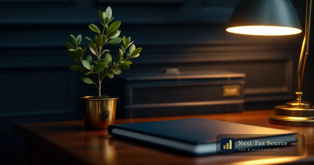 A young olive sapling in a brass pot beside a navy folder on a walnut desk, for US citizens weighing EIS and SEIS investments in UK startups