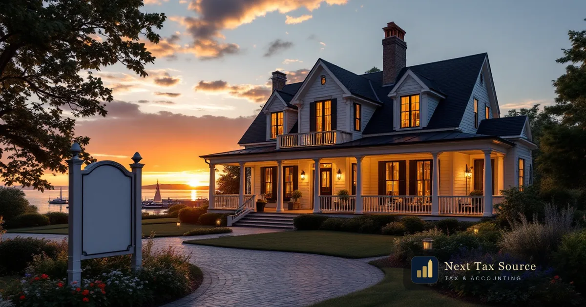 An American waterfront house at sunset with a blank signboard at the kerb, for UK residents selling US property under FIRPTA withholding