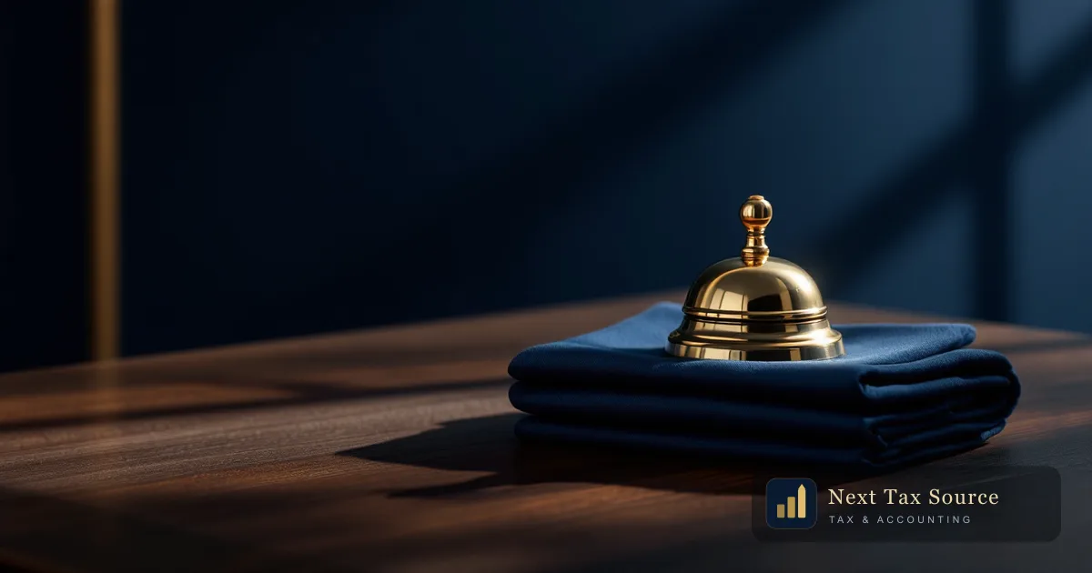 A brass desk bell and folded navy cloth on a walnut desk, representing a formal treaty position disclosure to the IRS on Form 8833