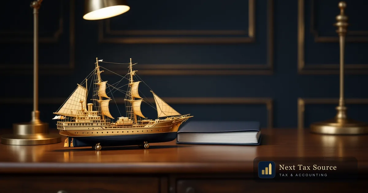 A brass model ship on a walnut desk beside a navy folder, representing a US person transferring cash or property to a foreign corporation on Form 926