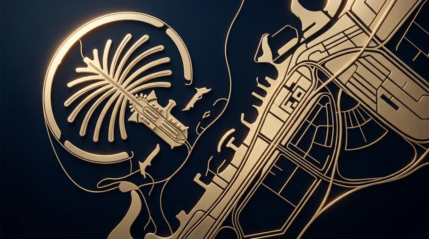 Champagne-gold Dubai free-zone motif split into two zones on dark navy — UAE free zone vs mainland