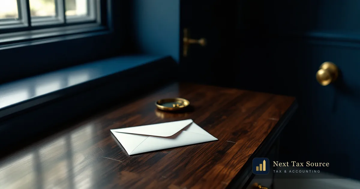 A plain sealed envelope on a dark hall table in an English home at morning, representing an HMRC nudge letter about offshore income