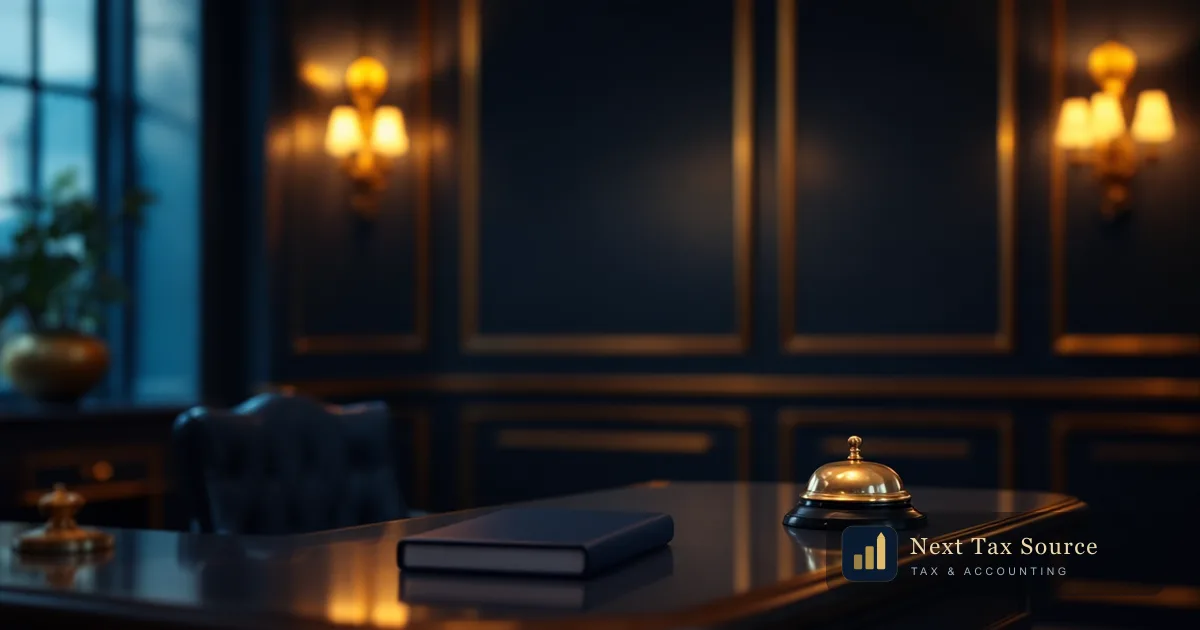 A brass service bell on a polished desk in a panelled navy office, representing mandatory HMRC registration for tax advisers from 2026