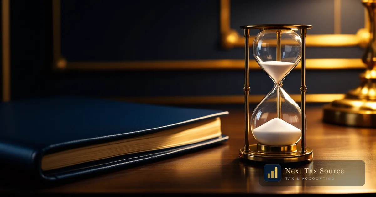 A brass hourglass beside a closed navy folder on a walnut desk, representing an HMRC Time to Pay arrangement for Self Assessment