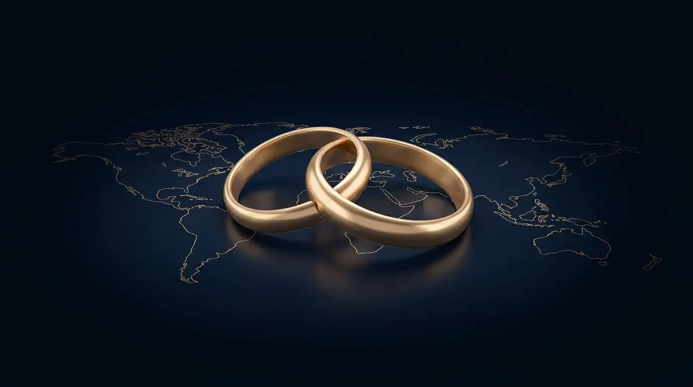 Two interlocking champagne-gold rings over a gold world map on dark navy — avoiding double taxation