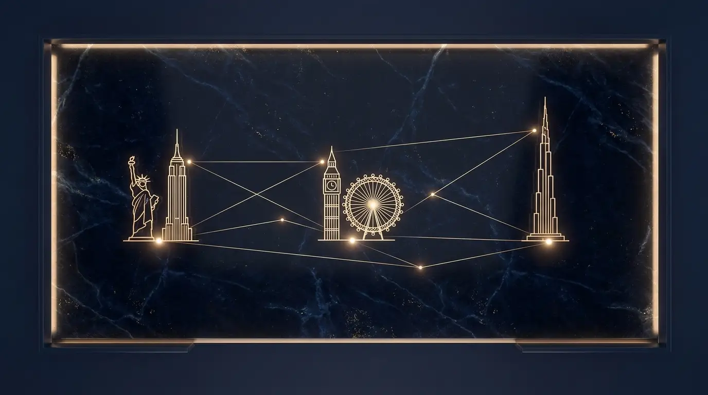 Gold filigree skyline motif of New York, London and Dubai on dark navy — cross-border accounting and tax firm