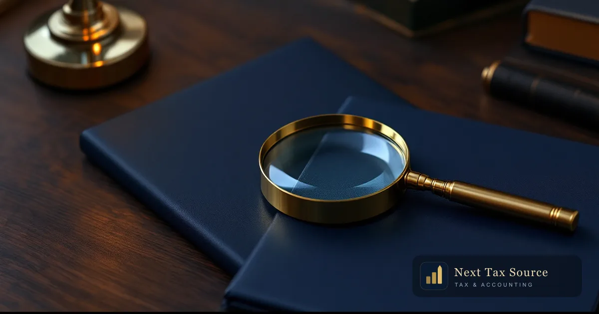 A brass magnifying glass resting on a closed navy folder on a walnut desk, for Americans abroad checking their IRS account transcripts