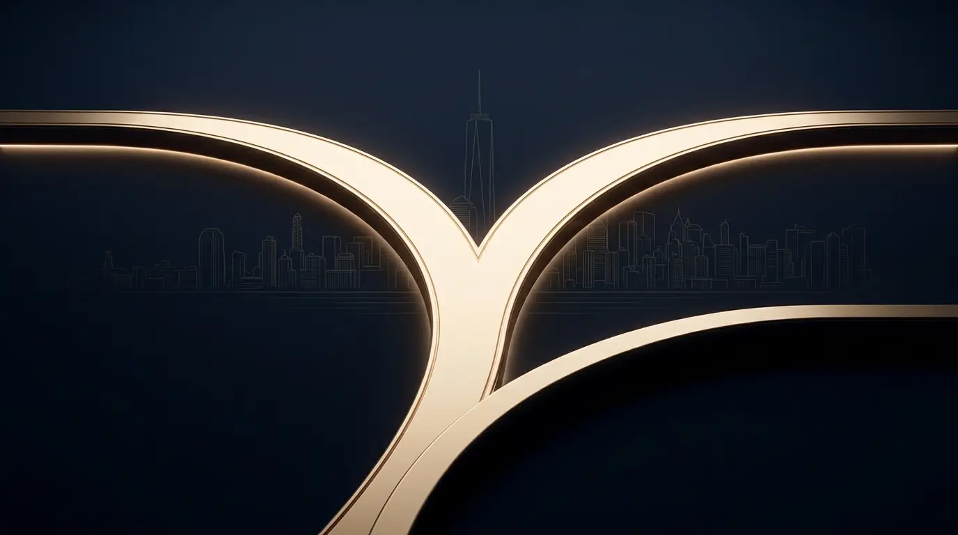Champagne-gold diverging-paths motif with a New York skyline on dark navy — LLC vs S-Corp
