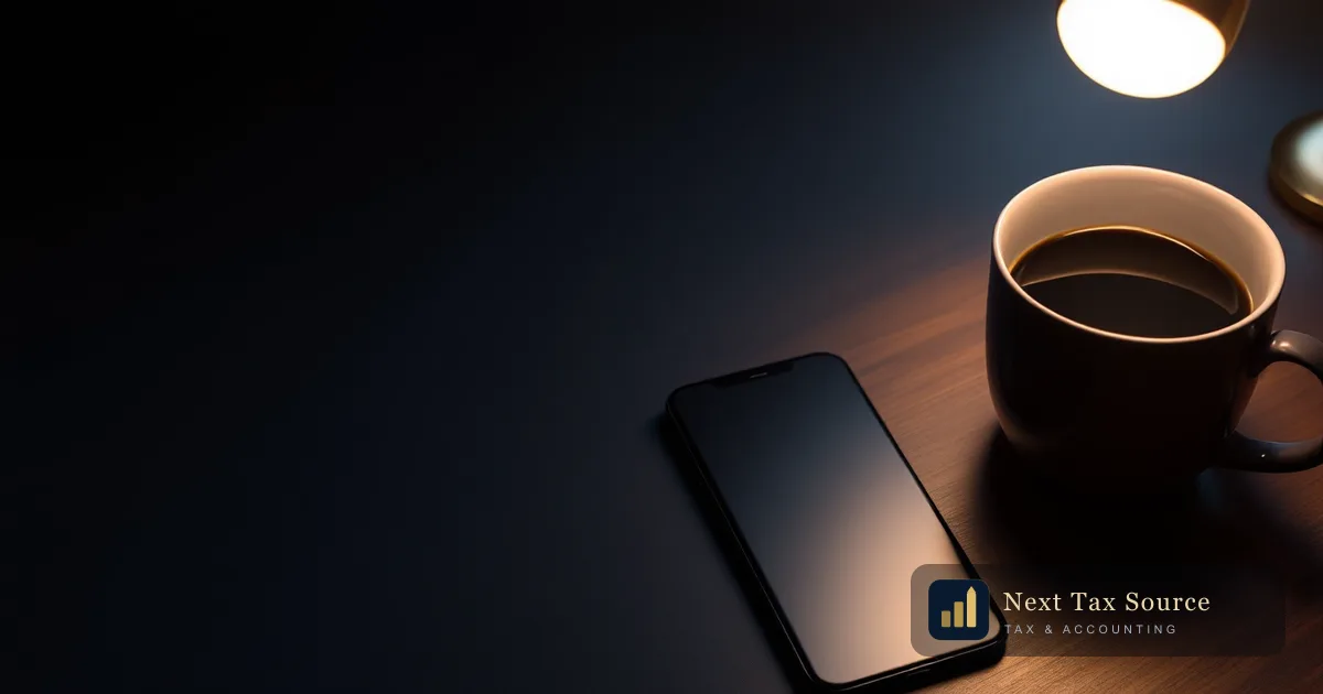 A phone, plain bank card and cup of coffee on a dark desk under warm lamplight, for Americans abroad paying the IRS without a US bank account