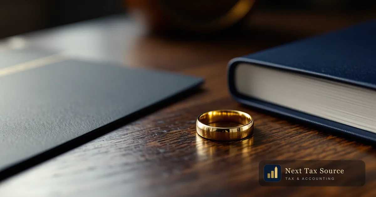 Two plain gold wedding bands on a walnut desk beside a navy folder, for US citizens leaving assets to a non-US-citizen spouse under the QDOT rules