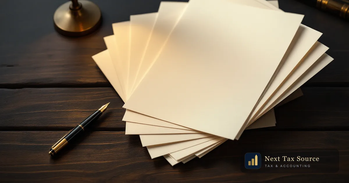 A fan of blank cream pages beside a fountain pen on a walnut desk, representing the SA109 residence and other supplementary Self Assessment pages