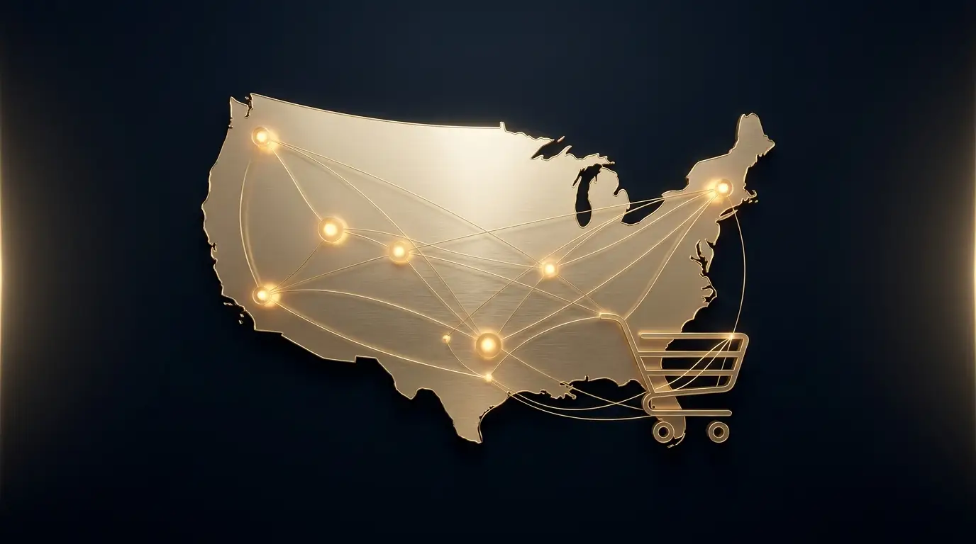 Champagne-gold US map with state nodes and a cart motif on dark navy — US sales tax nexus for ecommerce