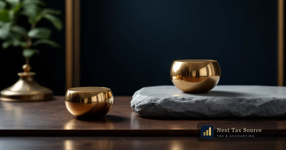 Two brass weights and a smooth stone on a walnut desk, representing the choice a US owner of a UK company makes on the section 962 election