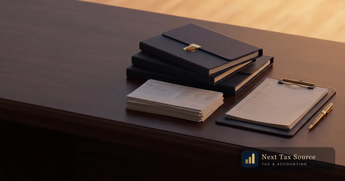Streamlined filing document checklist for US expats abroad — organised records in dark navy and gold