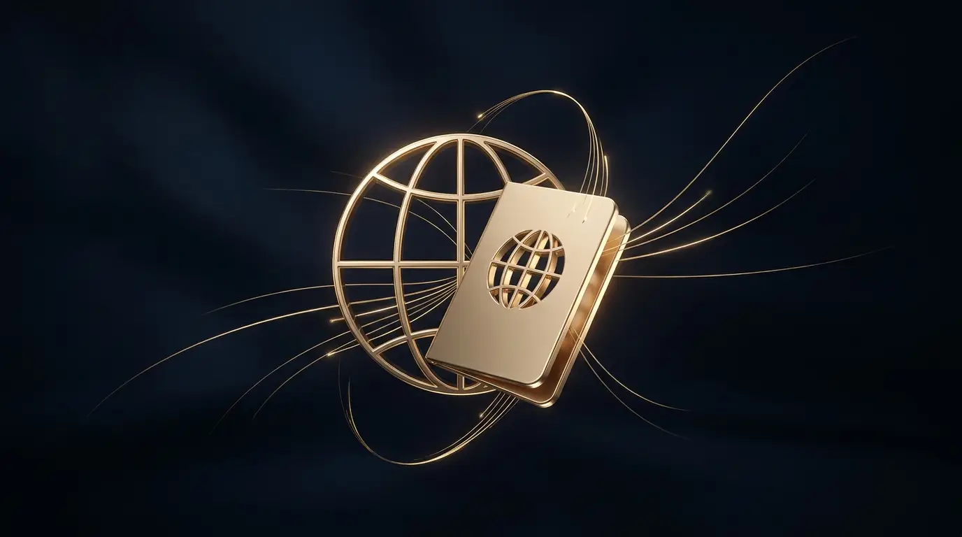 Champagne-gold passport and globe motif on dark navy — US Streamlined Filing for Americans abroad