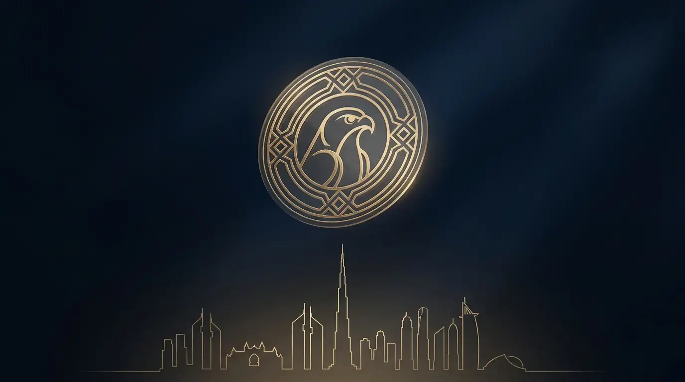 Champagne-gold Dubai skyline and document motif on dark navy — UAE corporate tax essentials