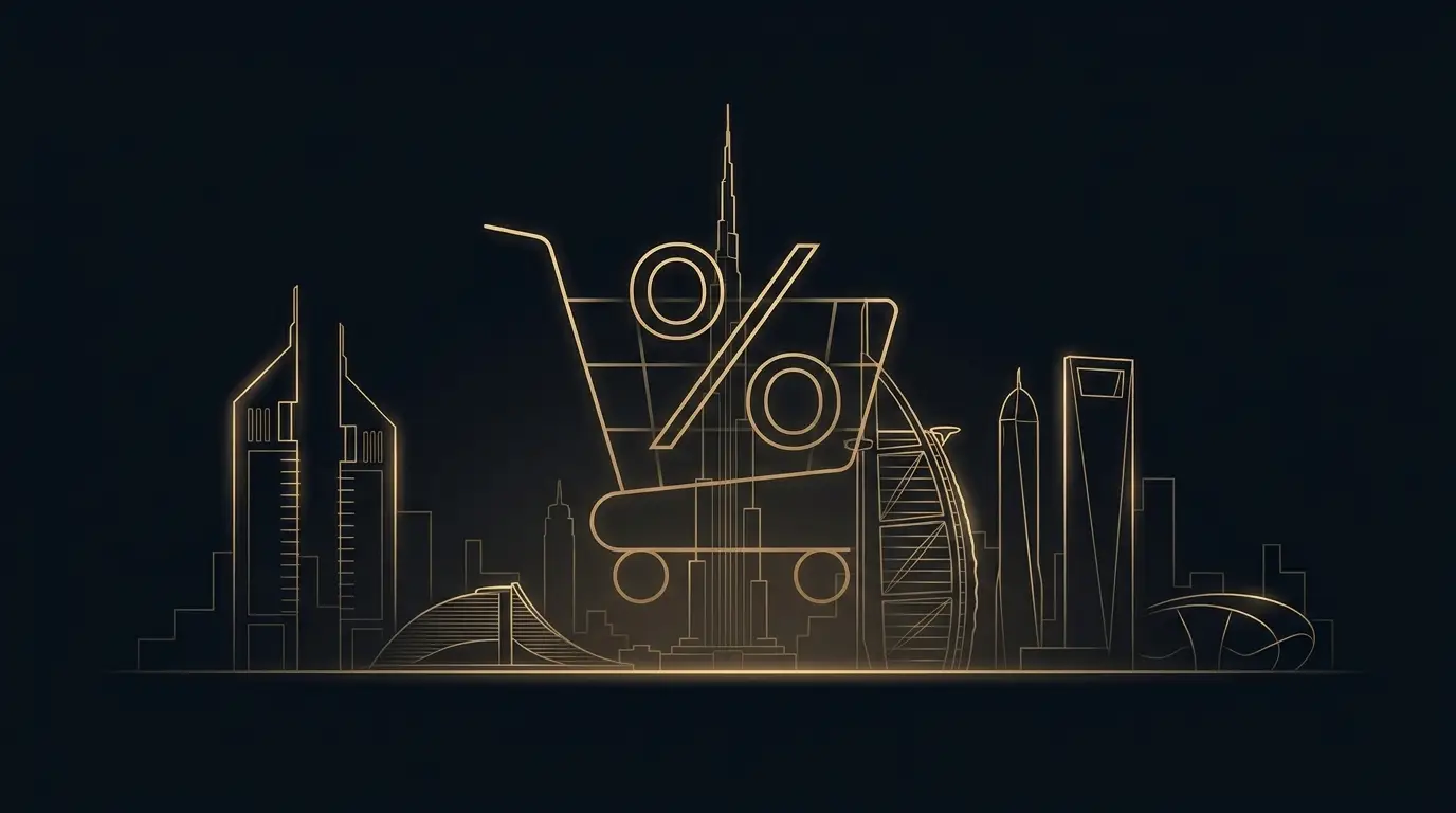 Champagne-gold Dubai skyline with a shopping-cart and percentage motif on dark navy — UAE VAT for e-commerce