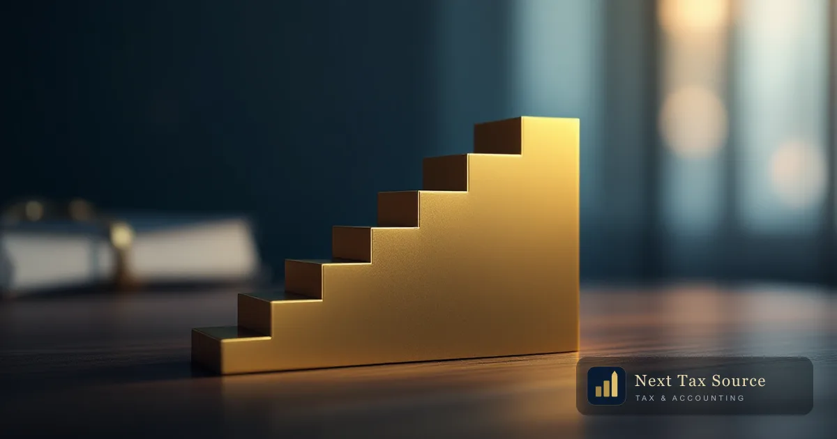 A gold staircase with one step rising far higher than the rest, representing the UK 60% tax trap where the personal allowance tapers away