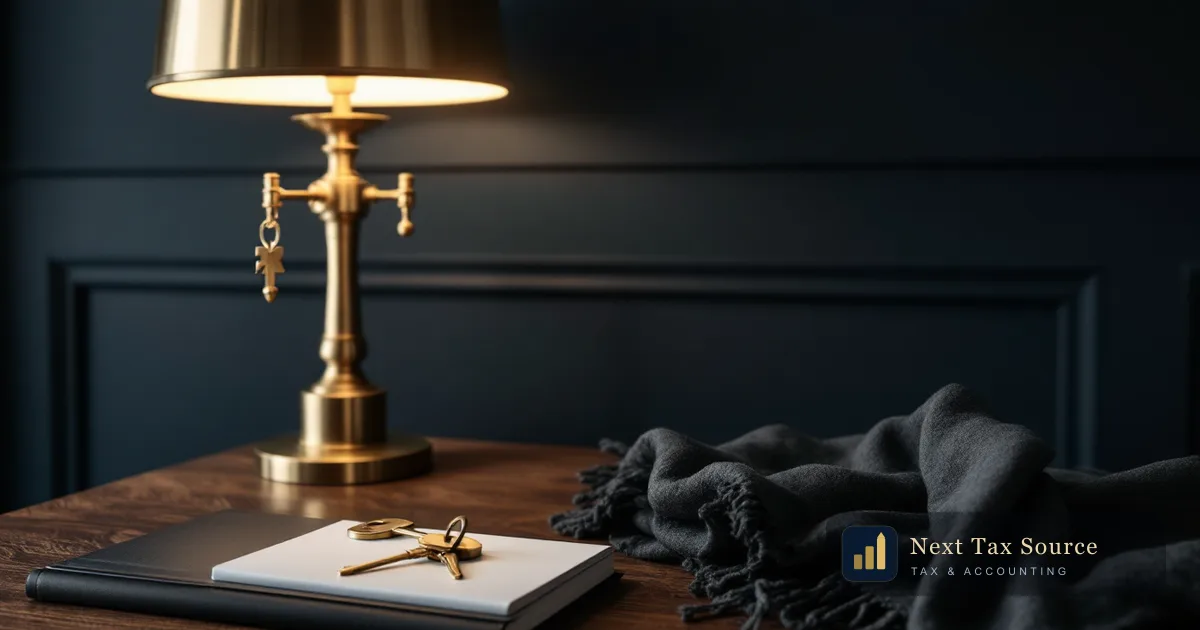 Brass keys and a folded wool scarf on a walnut side table under a brass lamp, for US citizens reporting UK employment benefits in kind on a US tax return