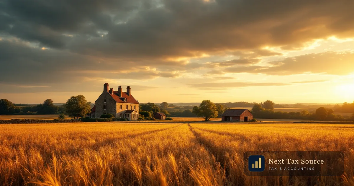 An English stone farmhouse and barn across a golden stubble field at sunset, for US citizens inheriting or owning UK business and agricultural property