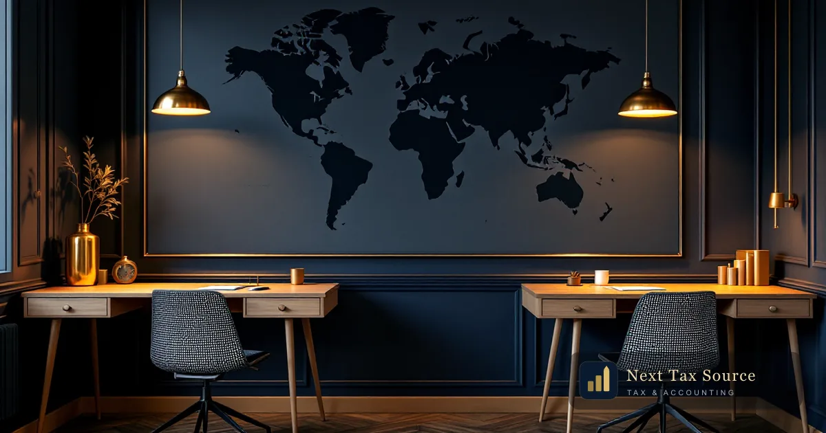 A small London office at dusk with two desks and an unlabelled world map, for UK companies paying contractors based in the United States