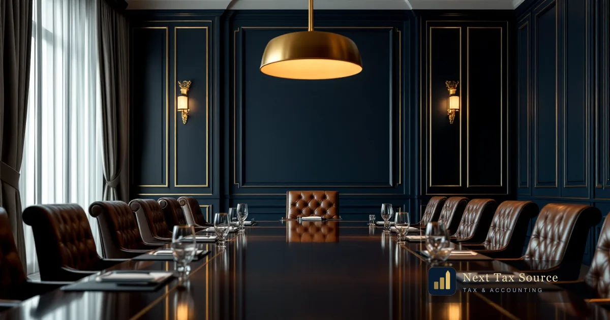 An empty panelled boardroom with a long dark table and leather chairs, representing where a company board actually takes its decisions