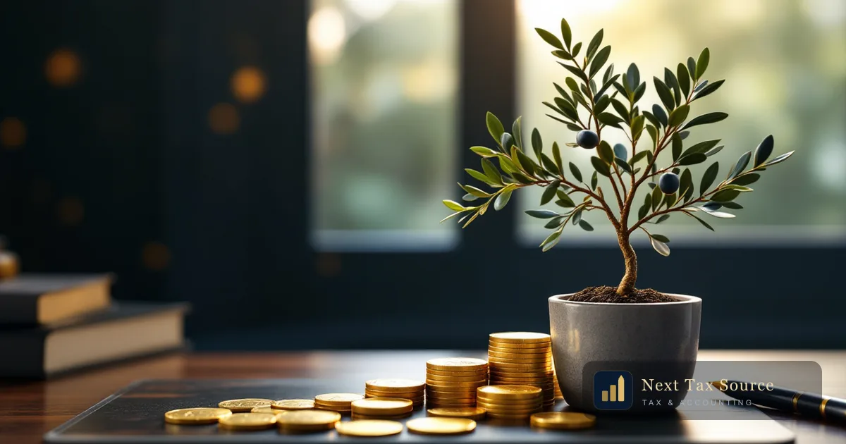Stacks of gold coins beside a young olive tree on a walnut desk, representing UK dividends reported on a US tax return