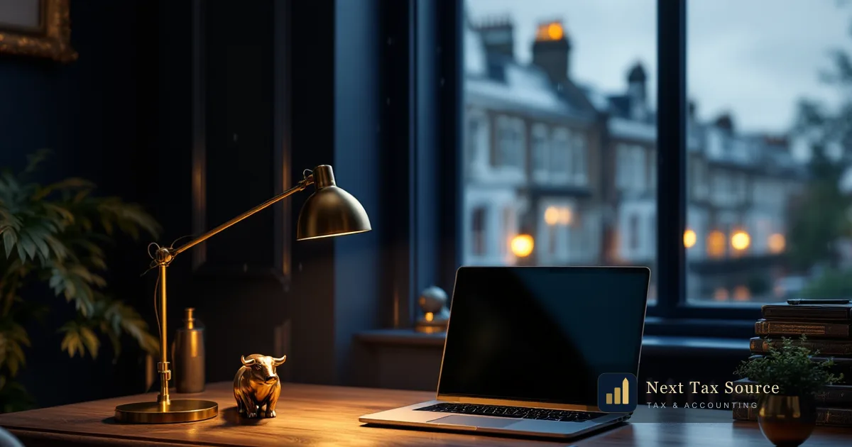 A London townhouse study at dusk with a laptop, brass lamp and small bronze bull, for Americans keeping a US brokerage account while living in the UK