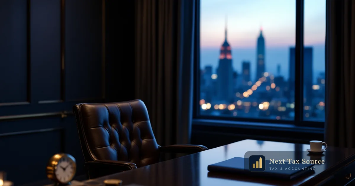 An empty leather chair behind a polished desk in a corner office at dusk, for US executives in the UK with deferred compensation under section 409A