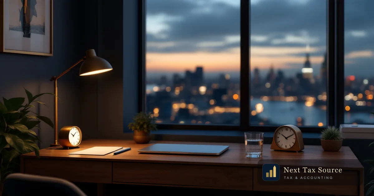 A founder's desk at dusk with a closed laptop and brass clock overlooking a transatlantic skyline, for UK residents who own a US LLC