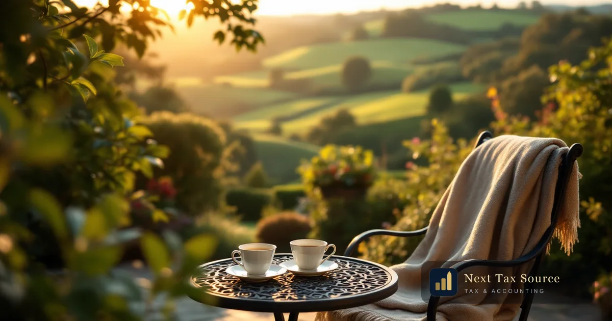 Two teacups on a garden table overlooking rolling English hills at sunrise, for Americans retiring in the UK with US Social Security benefits