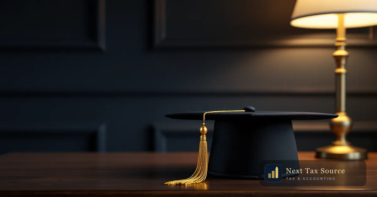 A graduation mortarboard with a gold tassel on a dark walnut desk under a brass lamp, for Americans abroad repaying US federal student loans