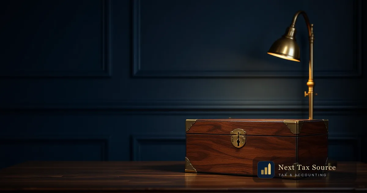 A closed brass-bound wooden chest on a walnut desk under a brass lamp, for UK residents who are beneficiaries of a US family trust