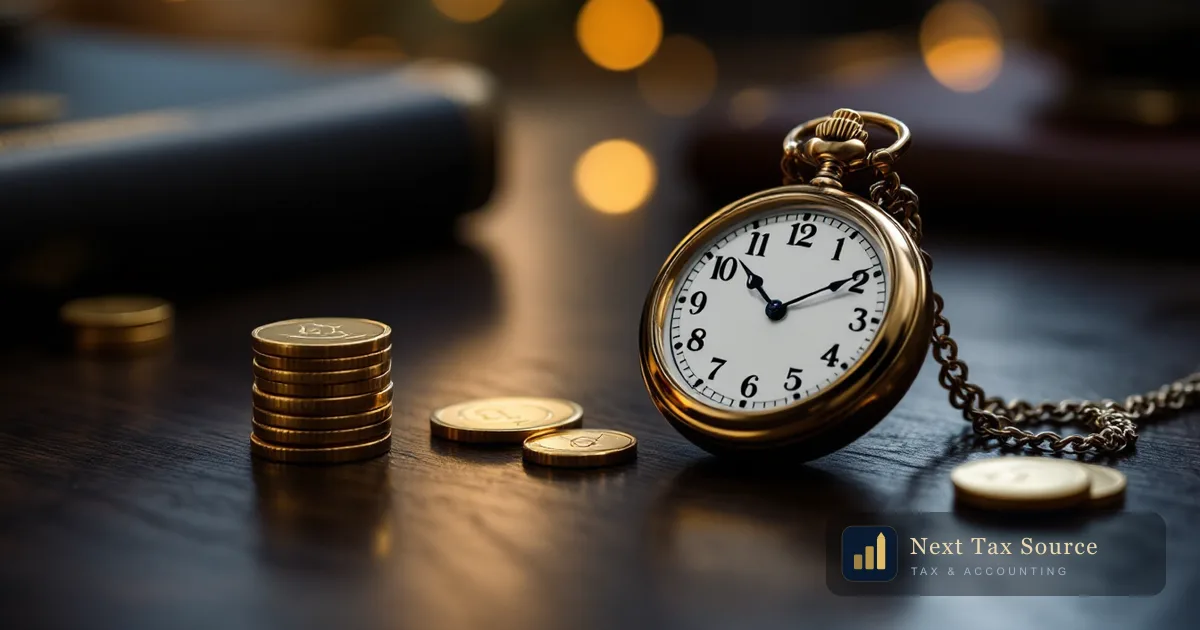 US UK accountant fees and cost: antique gold pocket watch beside stacked coins on dark navy