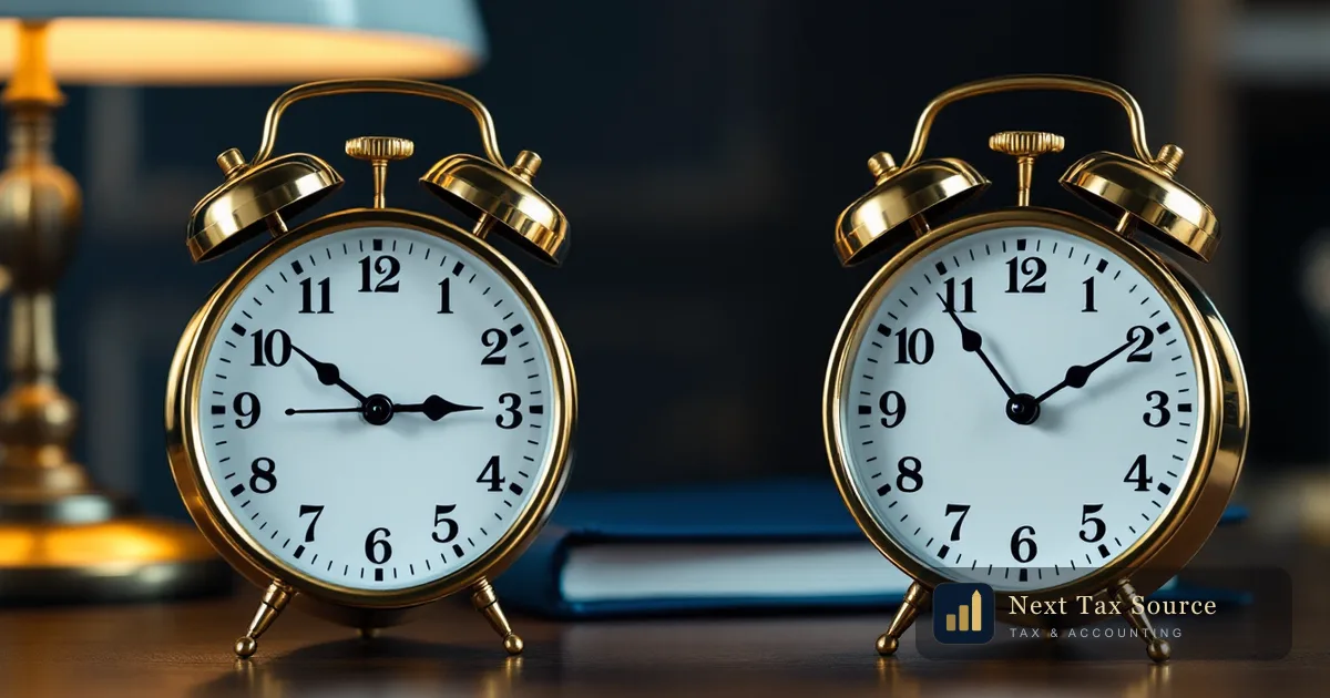 US UK dual tax year filing calendar: two brass clocks at different times on dark navy