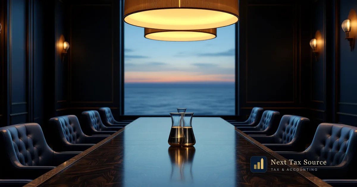 A navy boardroom table facing an ocean horizon at dusk, evoking the US-UK tax treaty and relief from double taxation