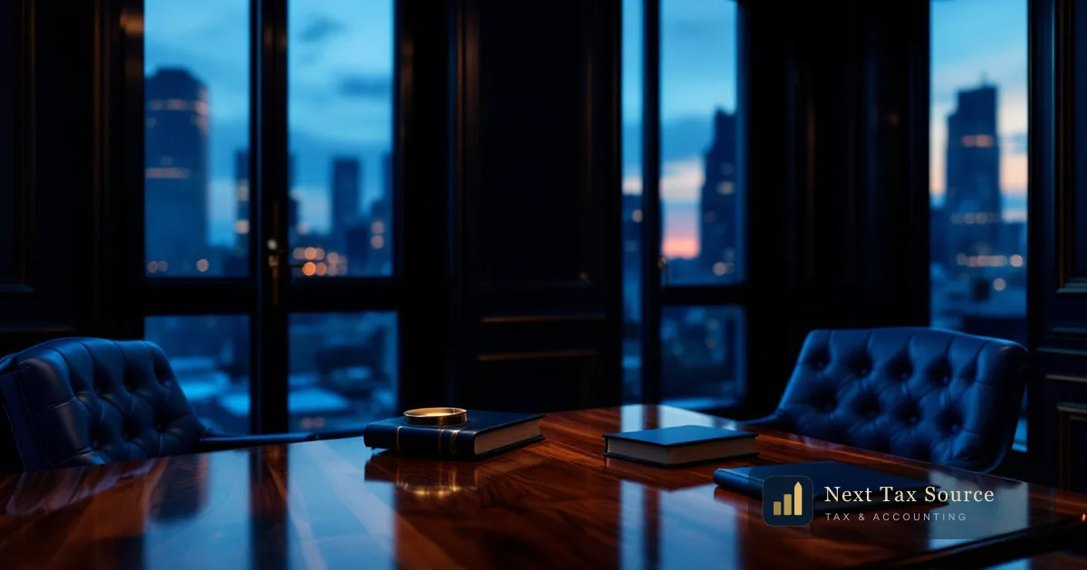 Tax specialists for US and UK returns reviewing cross-border filings in a dark navy private-bank office in London