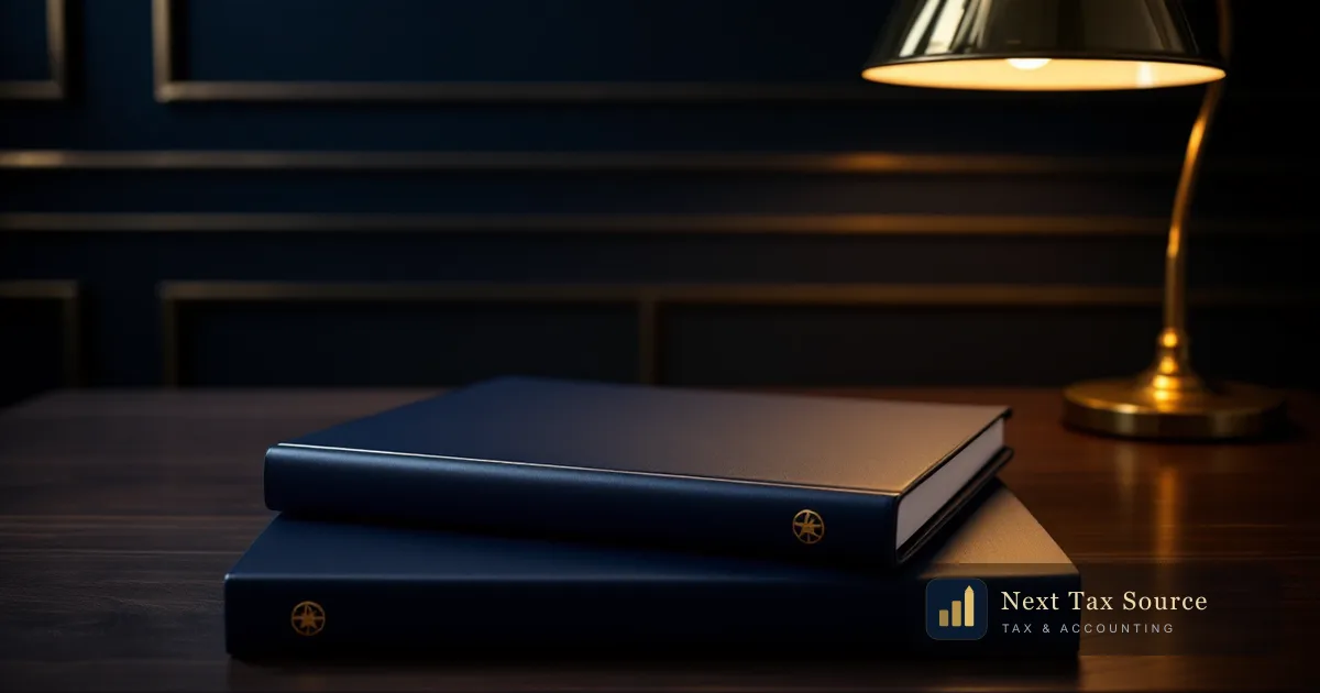 Two closed navy folders stacked on a walnut desk under a brass lamp, representing the order in which US and UK tax returns are prepared