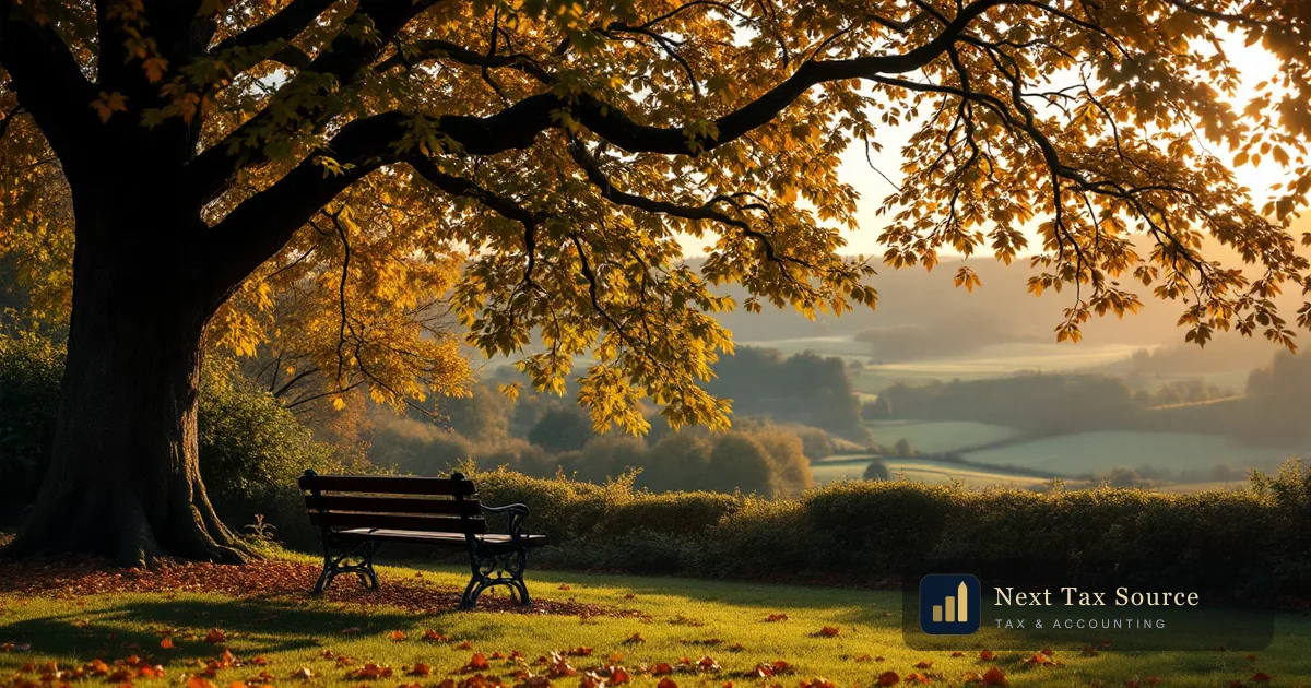 An English garden bench under an oak tree in autumn light, for expats buying UK State Pension years with voluntary National Insurance contributions