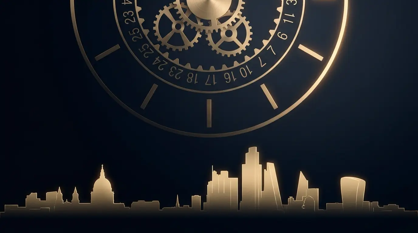 Champagne-gold London skyline and calendar motif on dark navy — UK 2026/27 tax-year changes