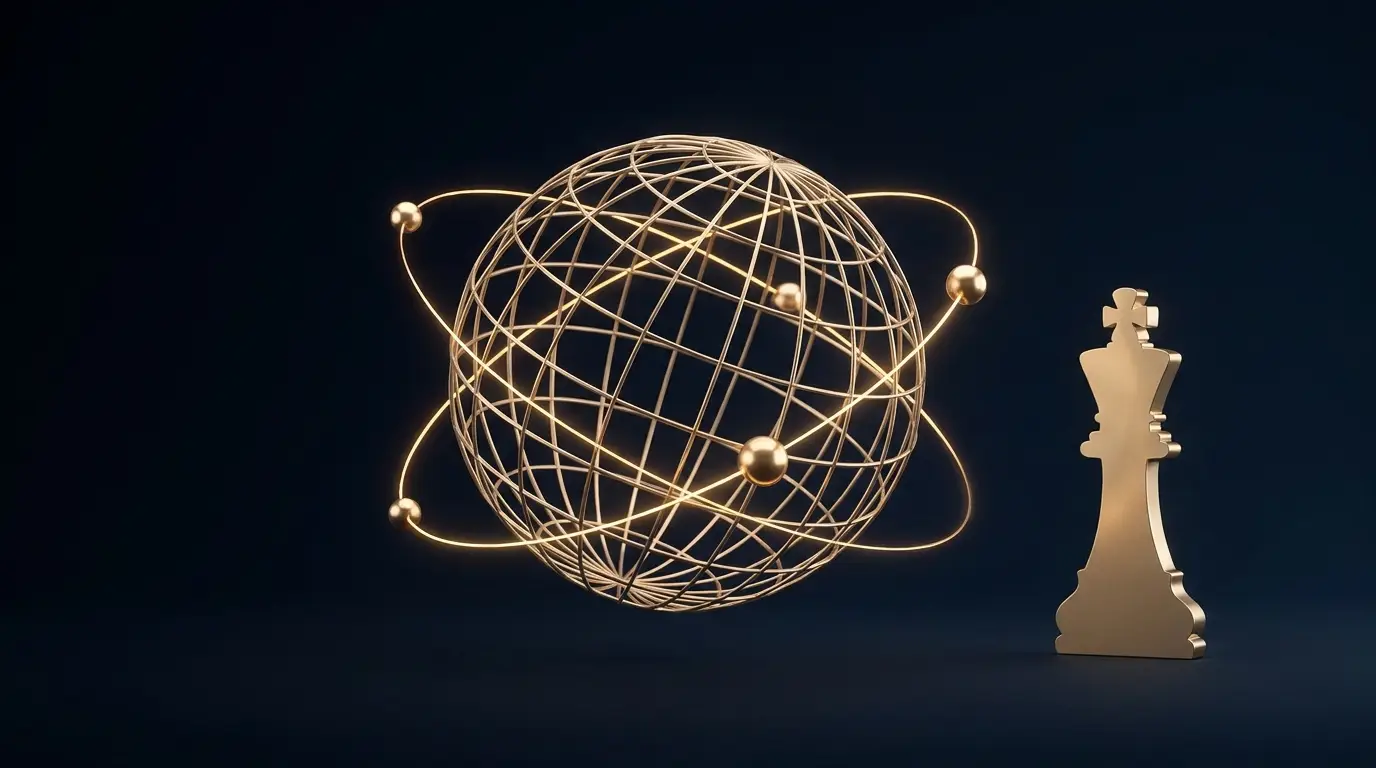 Golden wireframe globe with connection arcs and a chess-king motif on dark navy — where a global founder should incorporate