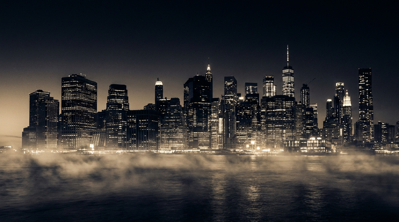 Manhattan at night in gold and navy
